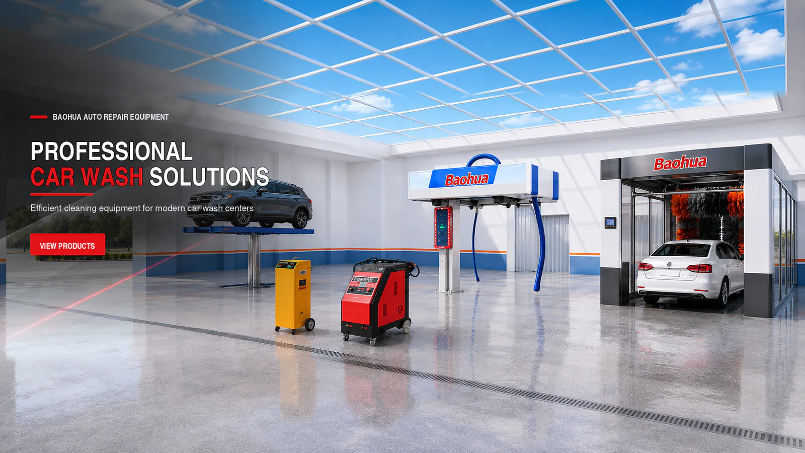Single-post wash lift and detailing equipment in a professional vehicle care center