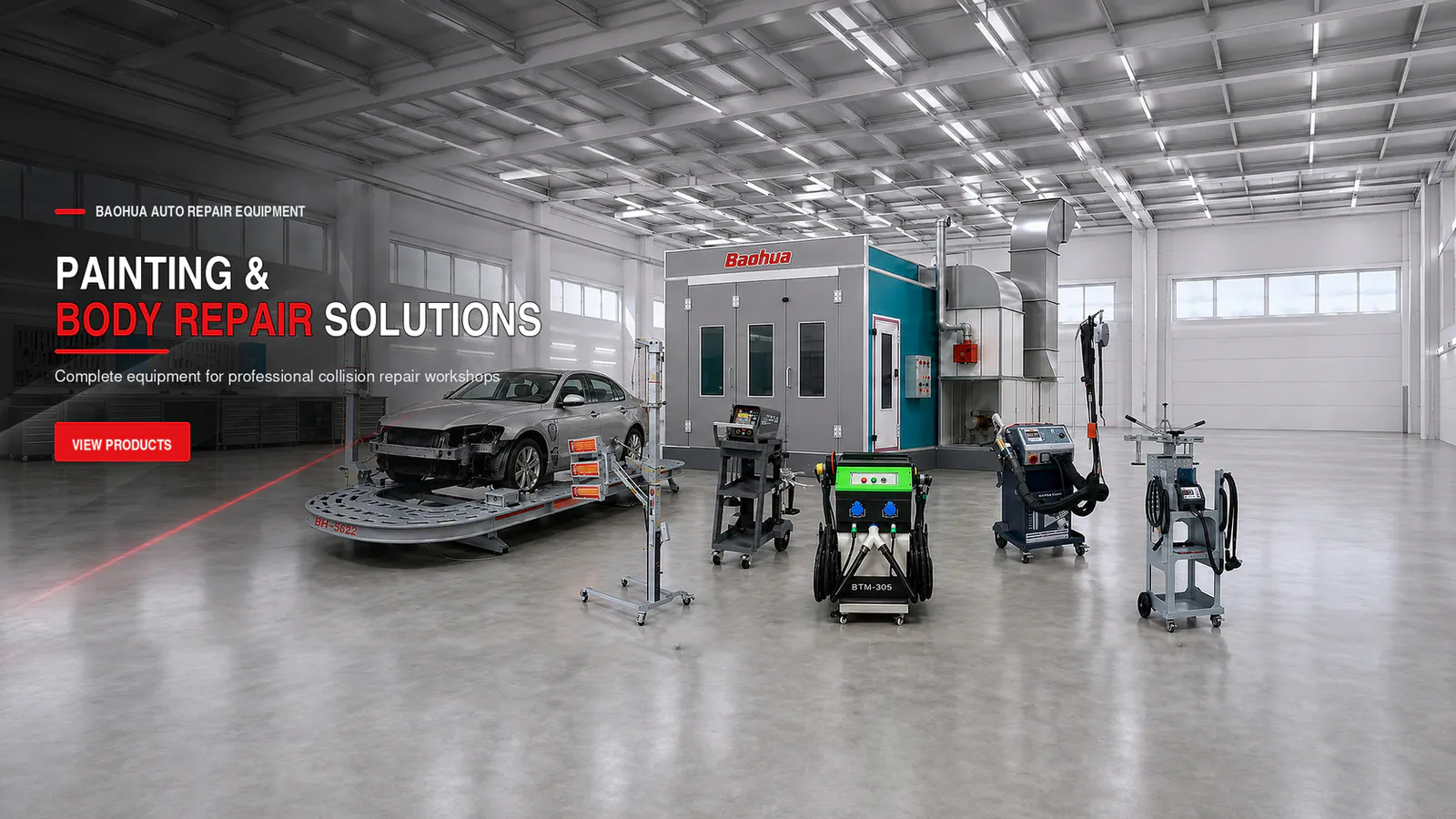 Automotive spray booth and body repair equipment in a modern paint and body workshop