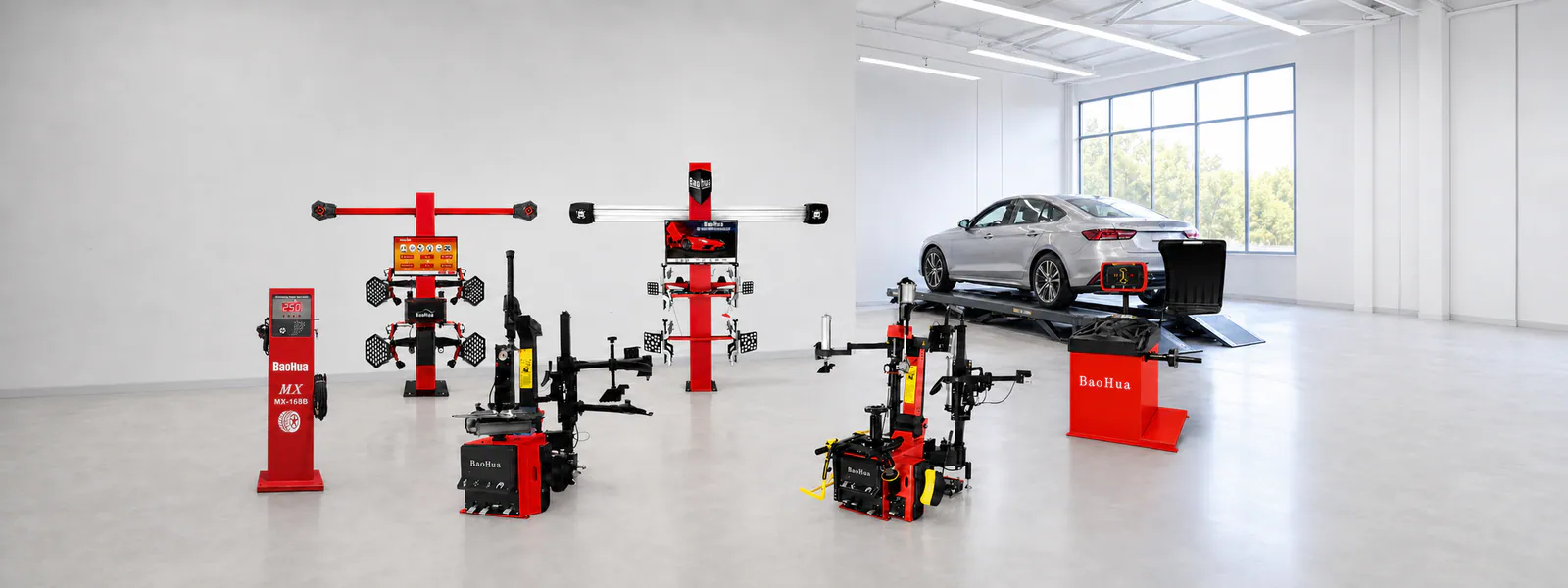 Wheel alignment, tire changing, and wheel balancing equipment in a tire service center