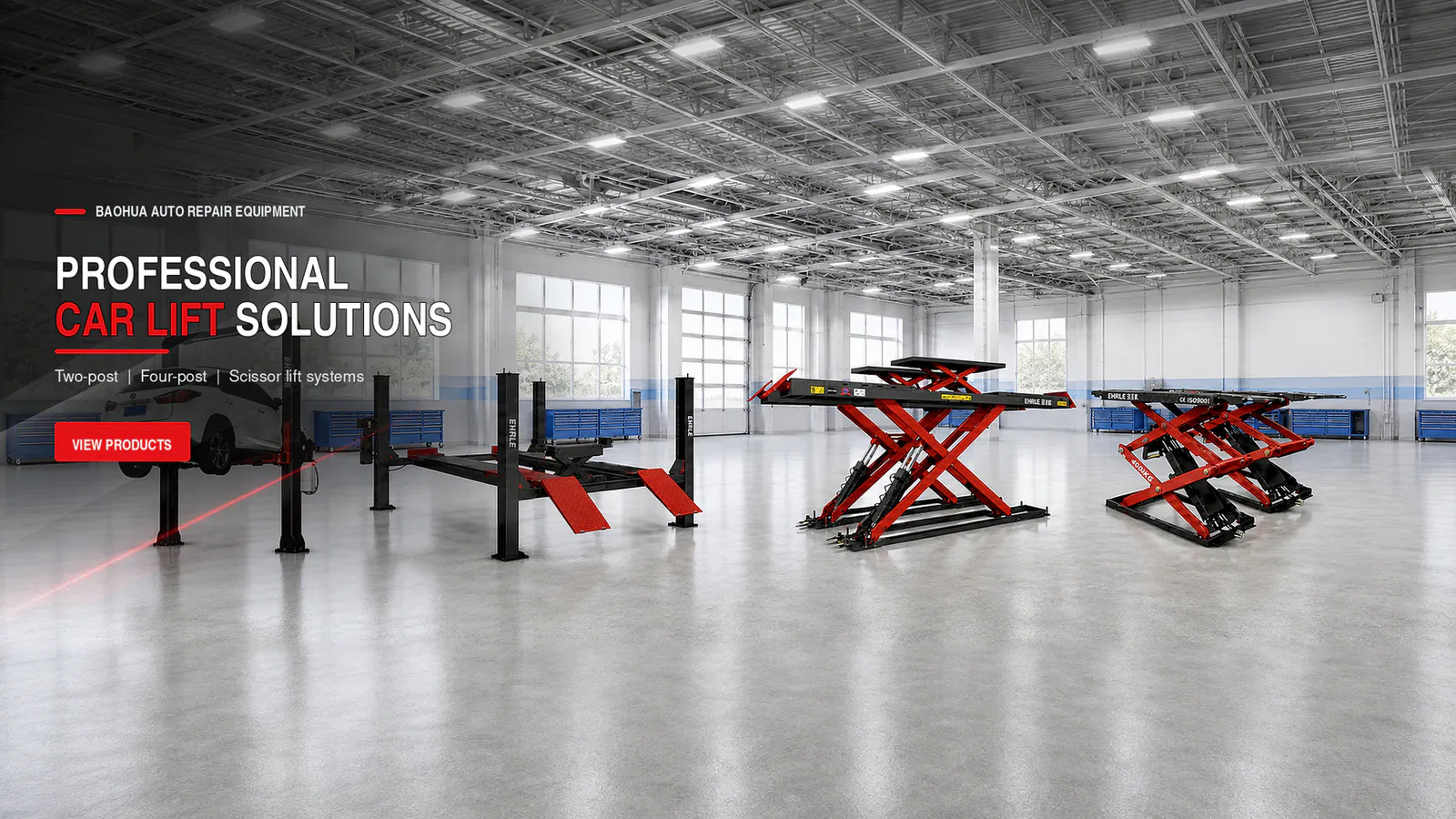 Vehicle lifts arranged in a professional automotive workshop