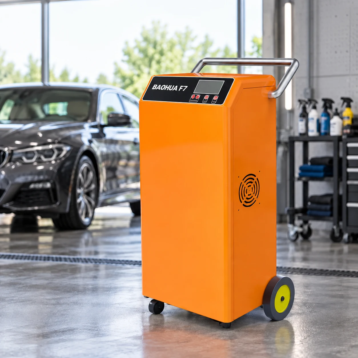 BAOHUA F7 orange steam cleaner in a vehicle wash bay