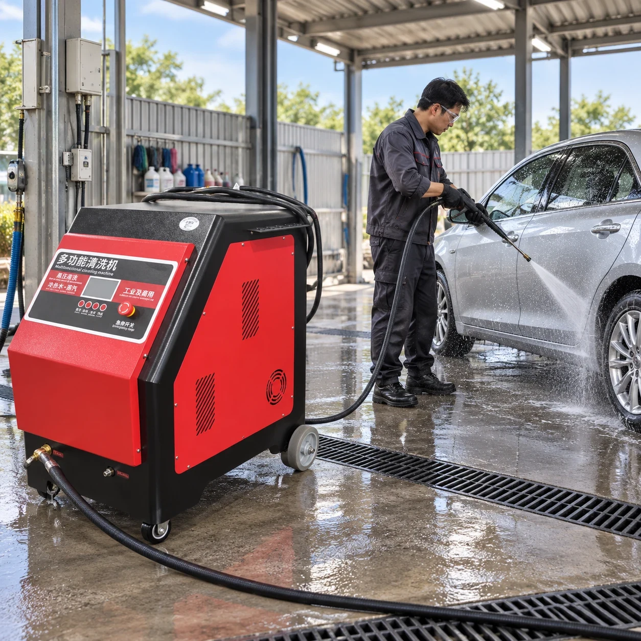 BAOHUA H3 hot and cold water steam cleaner beside a car wash application